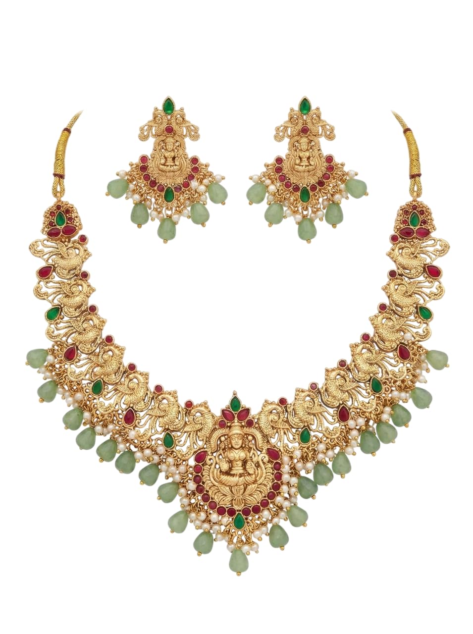 Temple Jewelry Necklace Set for Women – Gold Plated Goddess Lakshmi Design Statement Necklace with Matching Earrings, Green & Red Stones, Traditional Indian Bridal Wedding Jewelry