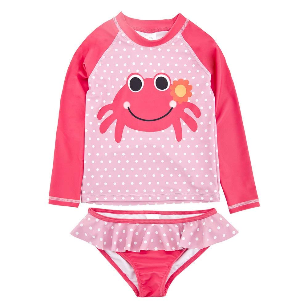 Girls Swimsuit Two Piece Baby Girl Bathing Suits UPF 50+ Sun Protective Long Sleeve Rash Guard Swimwear Pink Crab