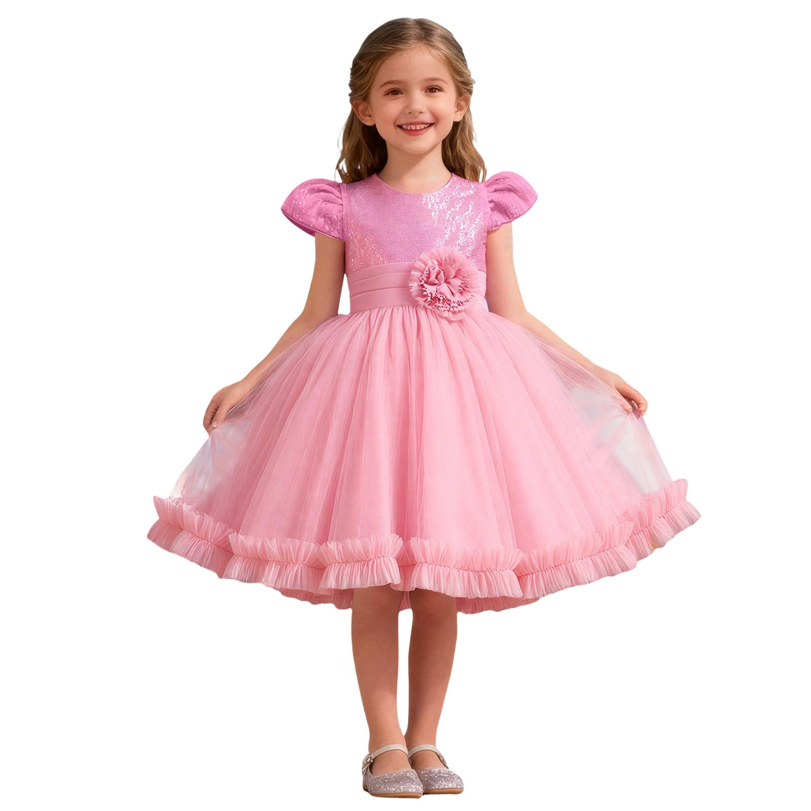 HLTYGWX Kleider Mädchen Kleider Kleider Rock Funkelndes Blumen-Partykleid für Mädchen Kurzarm Tutu-Kleid mit Glitzerdekorationen für Festliche Anlässe