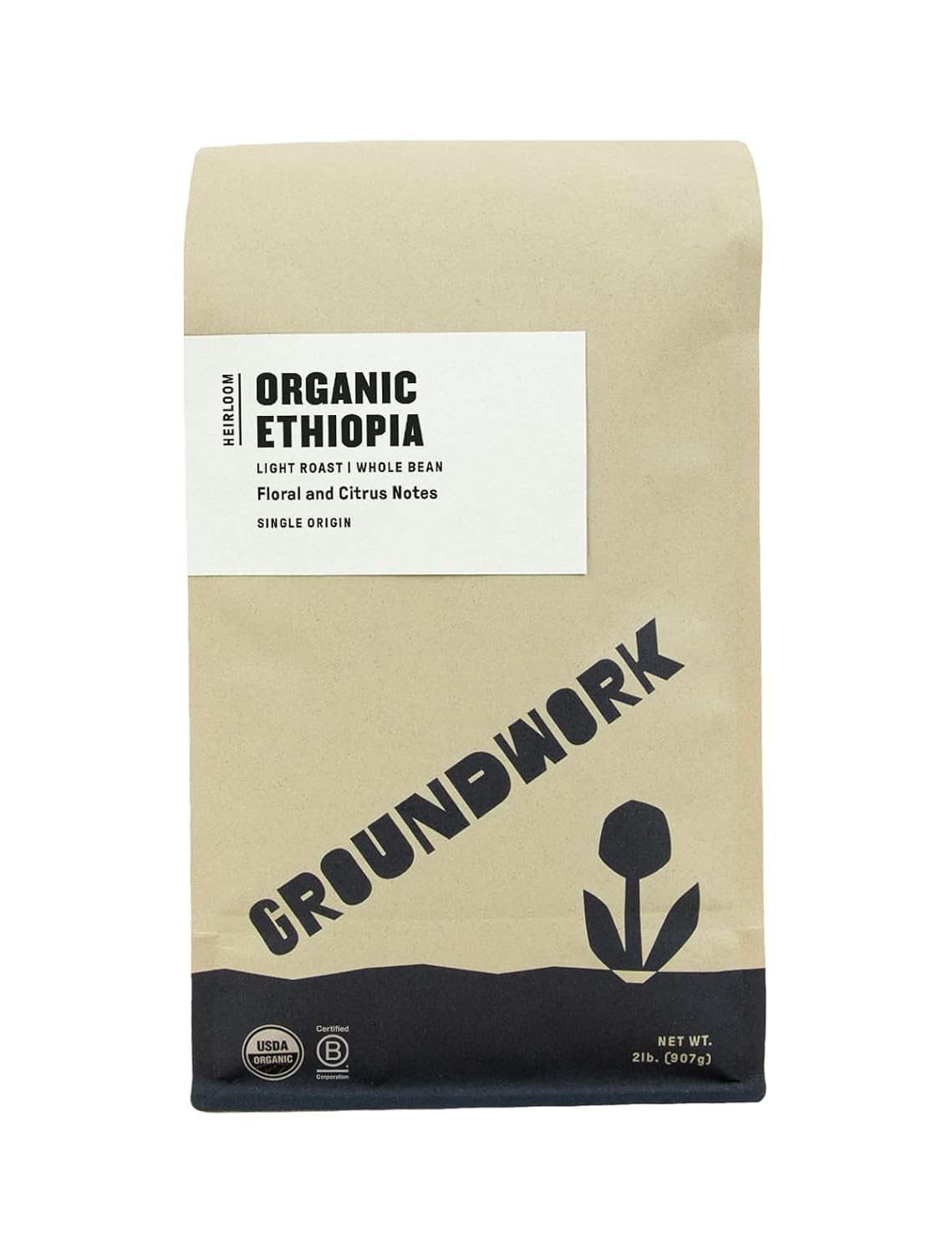 GROUNDWORK Ethiopia Heirloom Blend – Whole Bean Coffee Light Roast – Certified Organic Single Origin Coffee – 2lb Bag