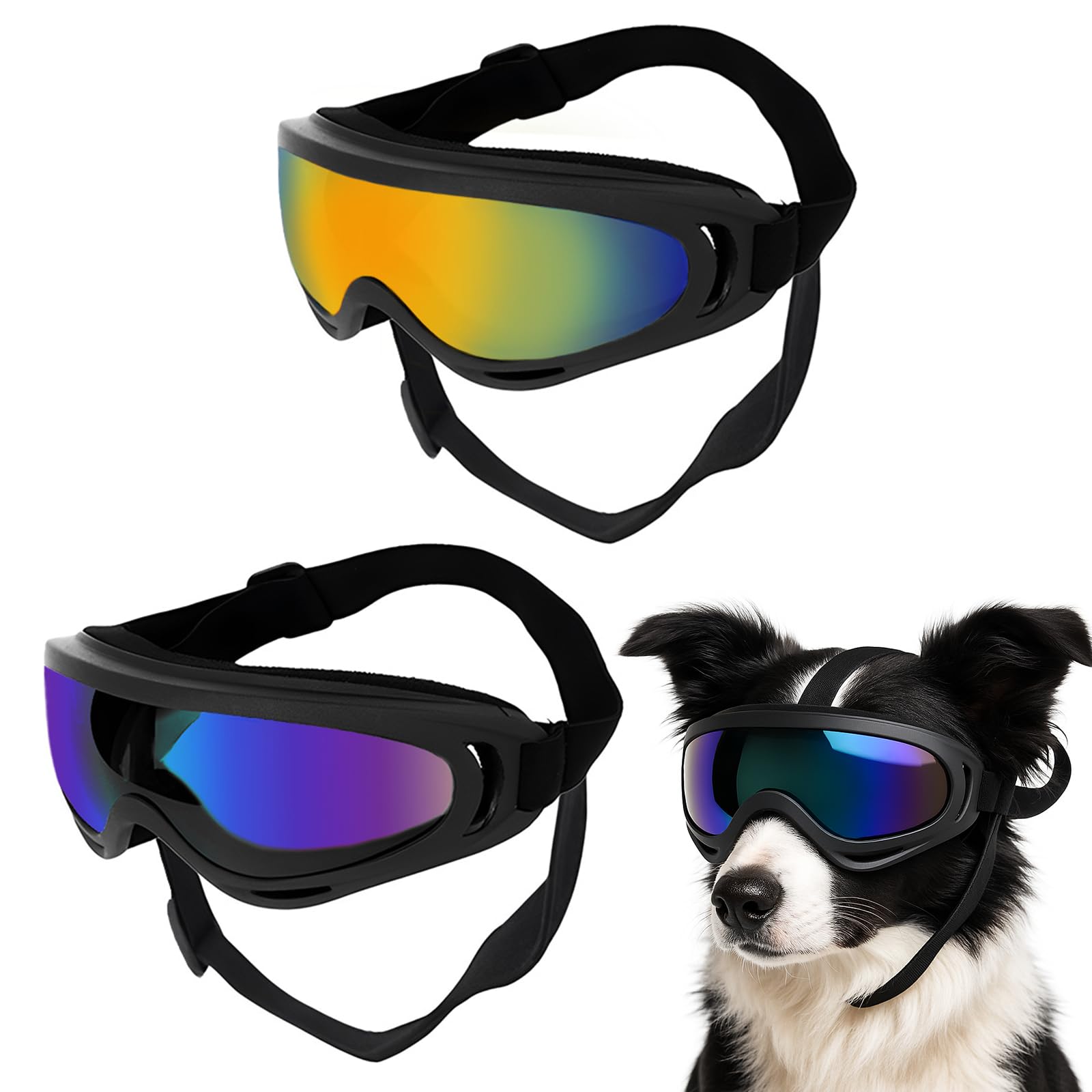 2 Regolabili Occhiali da Sole per Cani Adatti Occhiali per Cani Antivento e Protezione UV per Cani di Taglia Media e Grande, Neve, Avventure All'aperto, Auto e Altre Attività All'aperto
