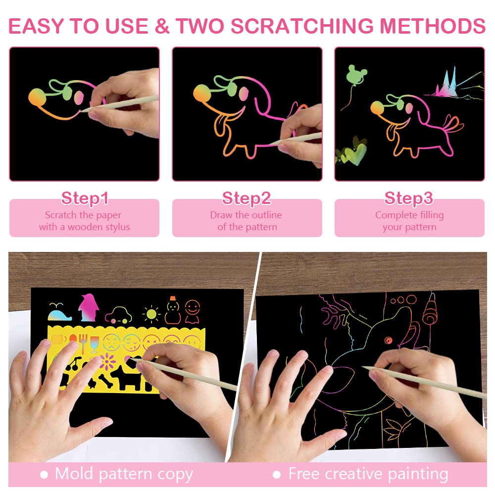 Vicloon Scratch Art, 50Pcs Scratch Art Paper per Bambini, Blocco da Disegno Arcobaleno Paper Set, Arcobaleno da Grattare Regali per Bambini con 5 Stilo in Legno e 4 Righelli Modello