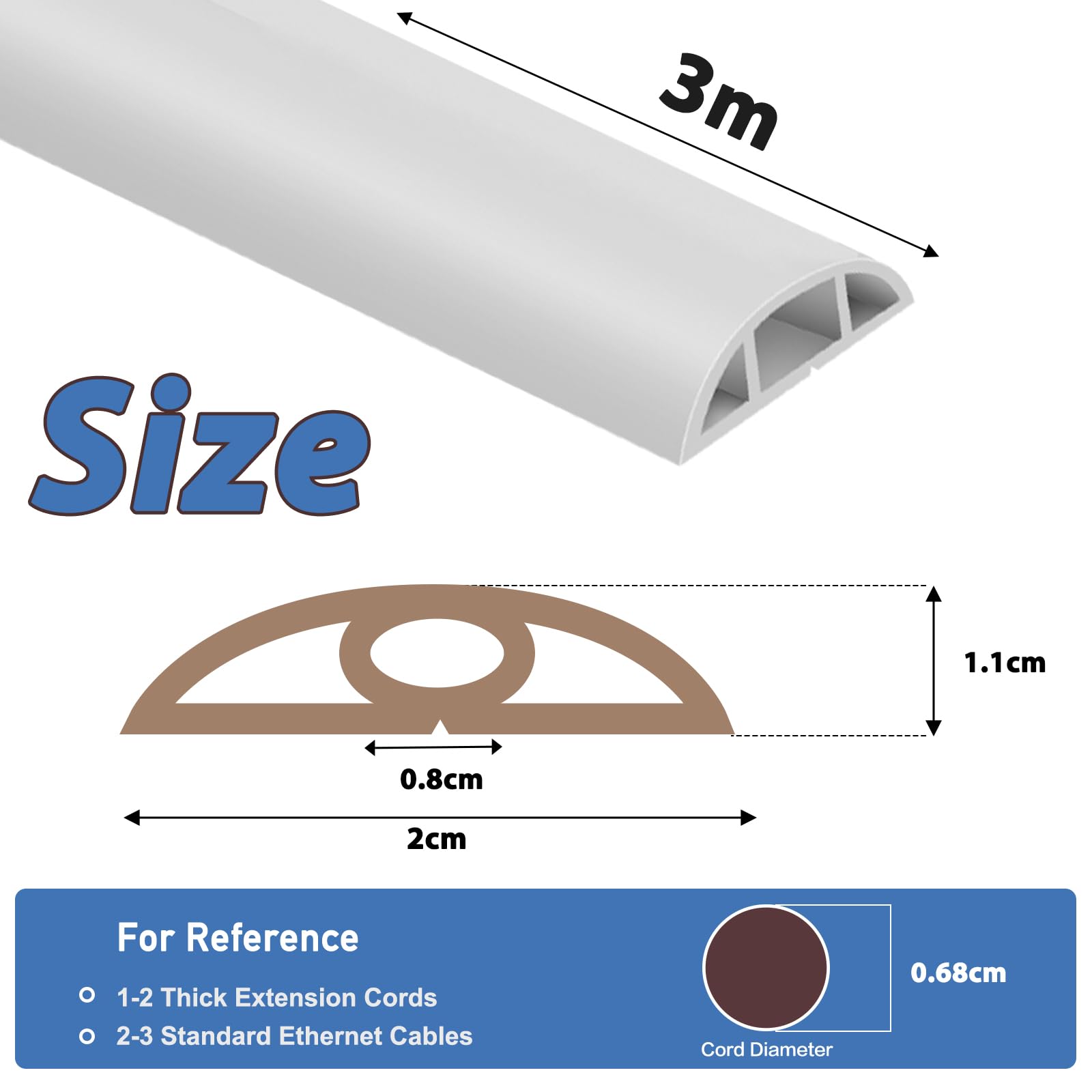 Canalina passacavi adesiva canalina cavi in PVC flessibile passacavo a pavimento copertura cavi a pavimento per ufficio casa magazzino (3m×2cm, Bianco)
