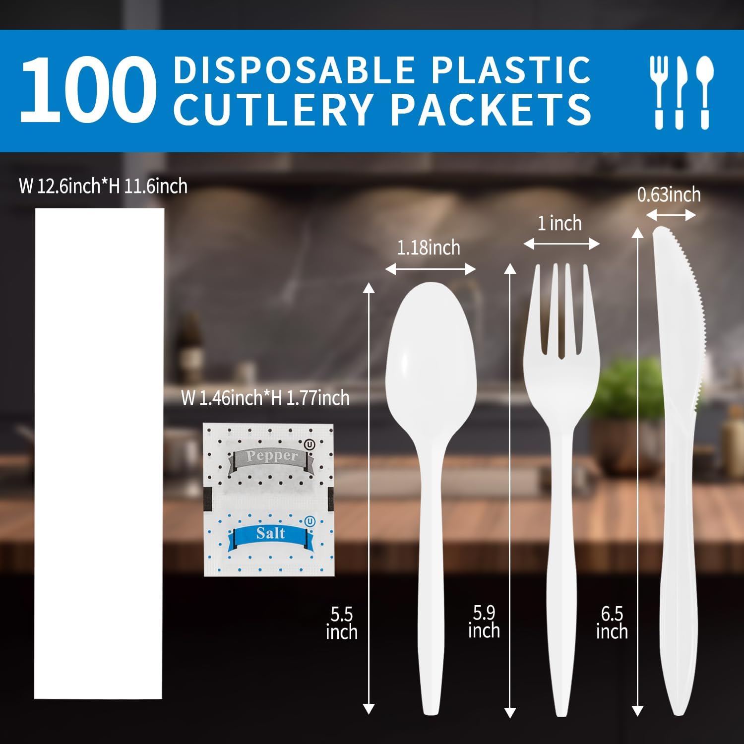 Knife Fork Spoon Napkin Salt Pepper Sets, Individually Wrapped Black Plastic Cutlery Packets for Delivery, Cafeterias, Restaurants (100 Pack-White)