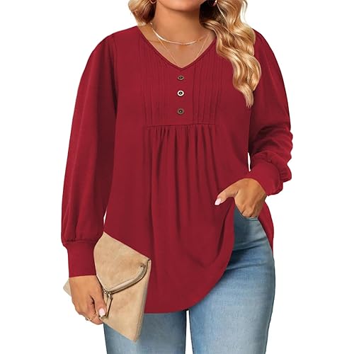 Beautife Womens Plus Size Tunic Tops Dressy Casual Long Sleeve V Neck Pleated Shirts Work Blouse
