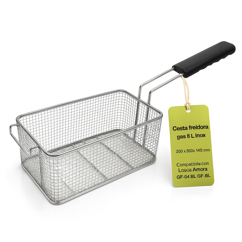 CubetasGastronorm ® Cesta Freidora Gas 8L 200x310x145mm Acero Inoxidable Cocina Profesional Recambio Universal Compatible Con Lucca Aurora GF-2X8L GF-8L Asa Fria Para Freidoras De Hosteleria Plus