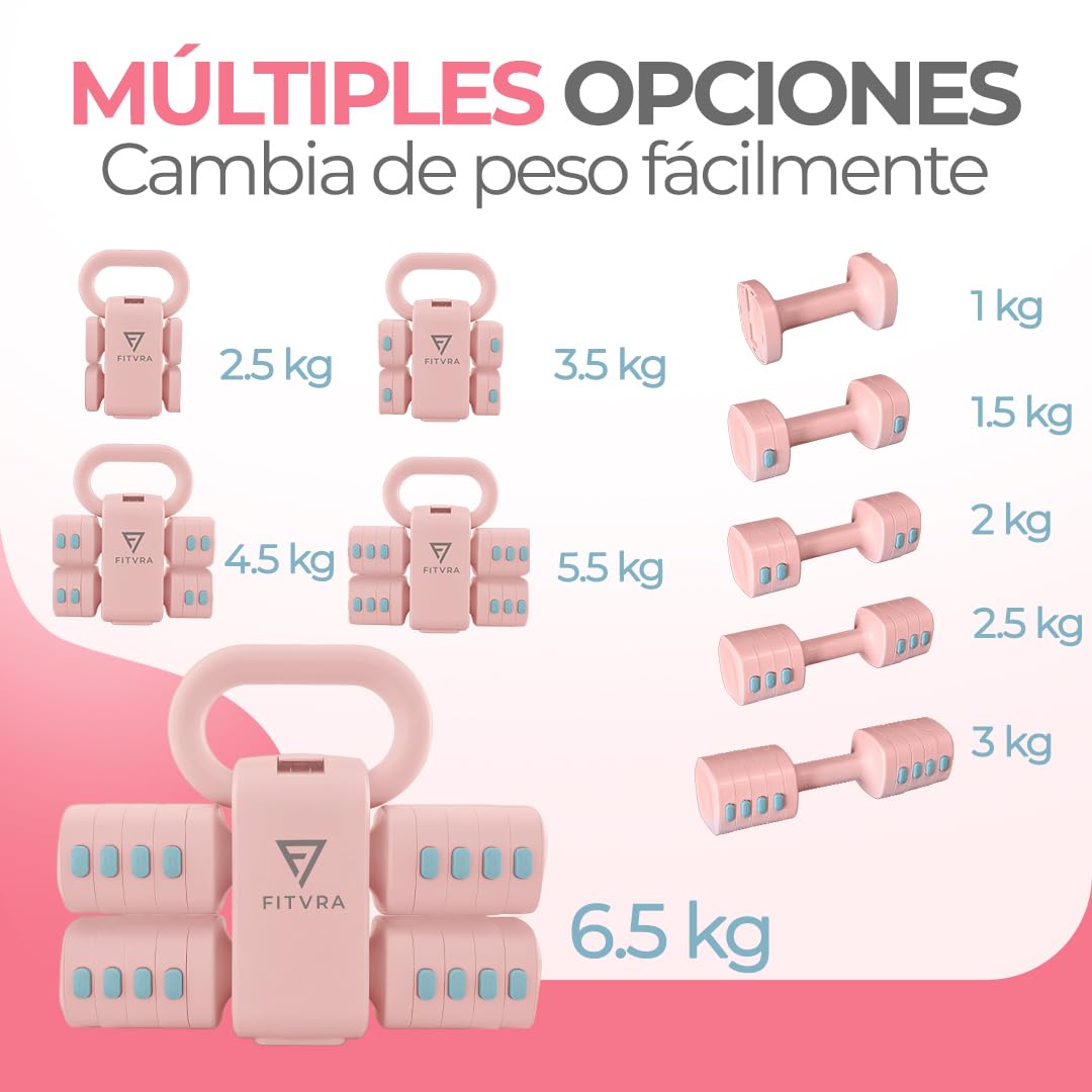 Pesas Ajustables 2 en 1 Mancuernas y Kettlebell | Pesas regulables para gimnasio en casa: mancuernas 1-3 kg, kettlebell 2,5-6,5 kg y 3 bandas elásticas