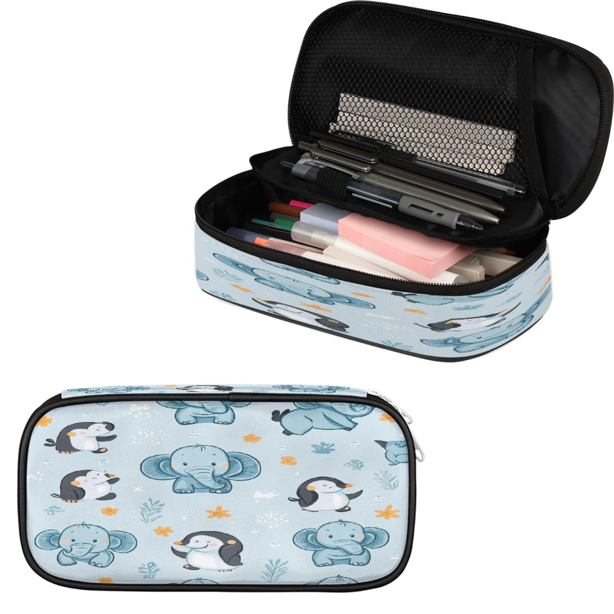 VQUVQV Pencil Case for Boys Girls, Cartoon Elephants and Penguins Large Capacity Pen Case Pouch Holder Stationery Organizer School Pencil Cases