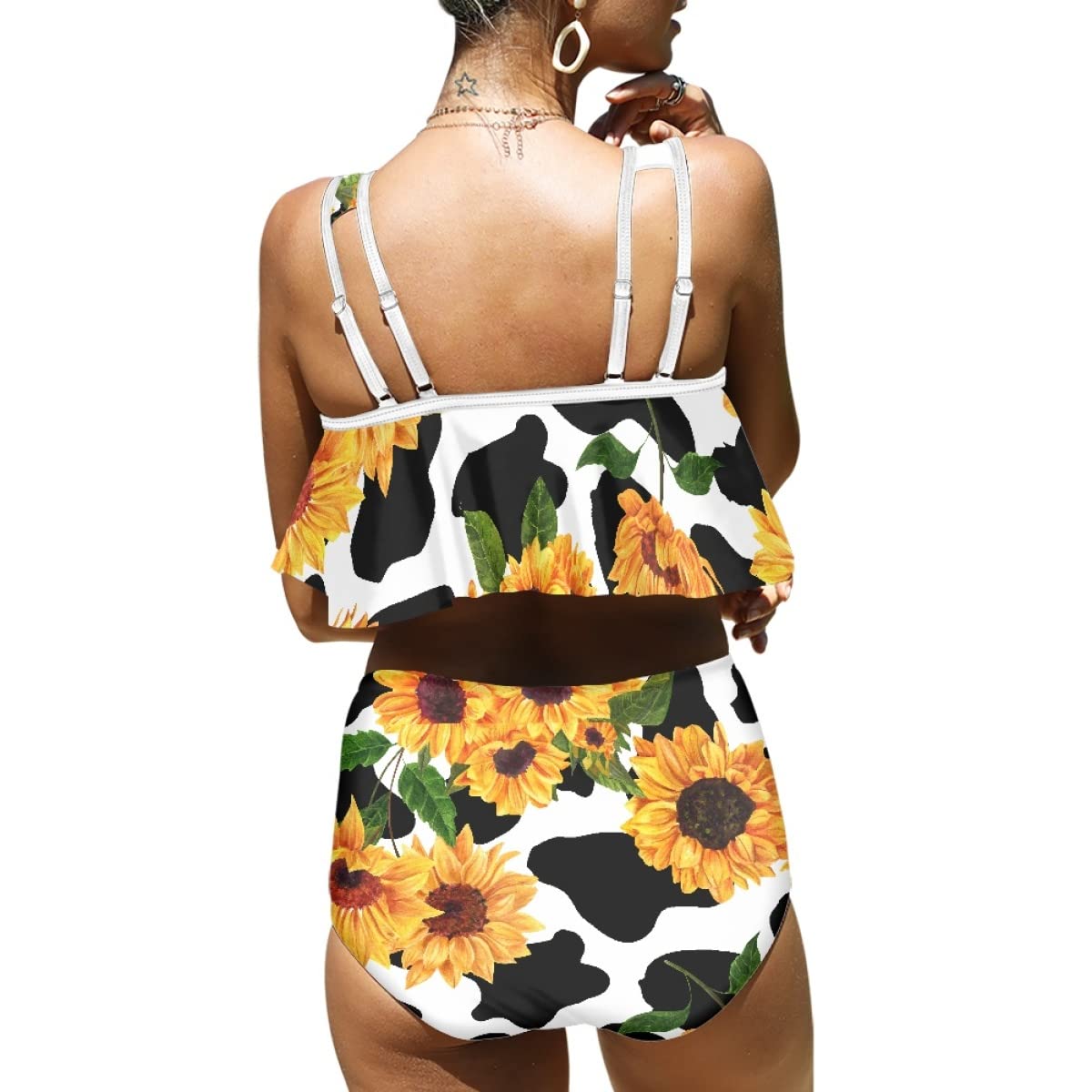 ENLACHIC Women Tankini Swimsuits Floral Ruffle Flounce Top Tummy Control Swimsuits Two Piece Bathing Suit Swimwear,Sunflower Cow Print,L