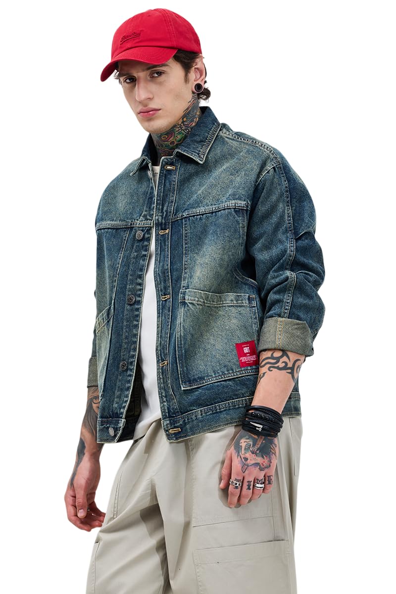 SNITCH Men's Casual Jacket | Relaxed Fit Full Sleeve Classic Collar Self Design | Premium Cotton Blend & Woven Fabric | Buttoned Closure & Machine Washable in neutral