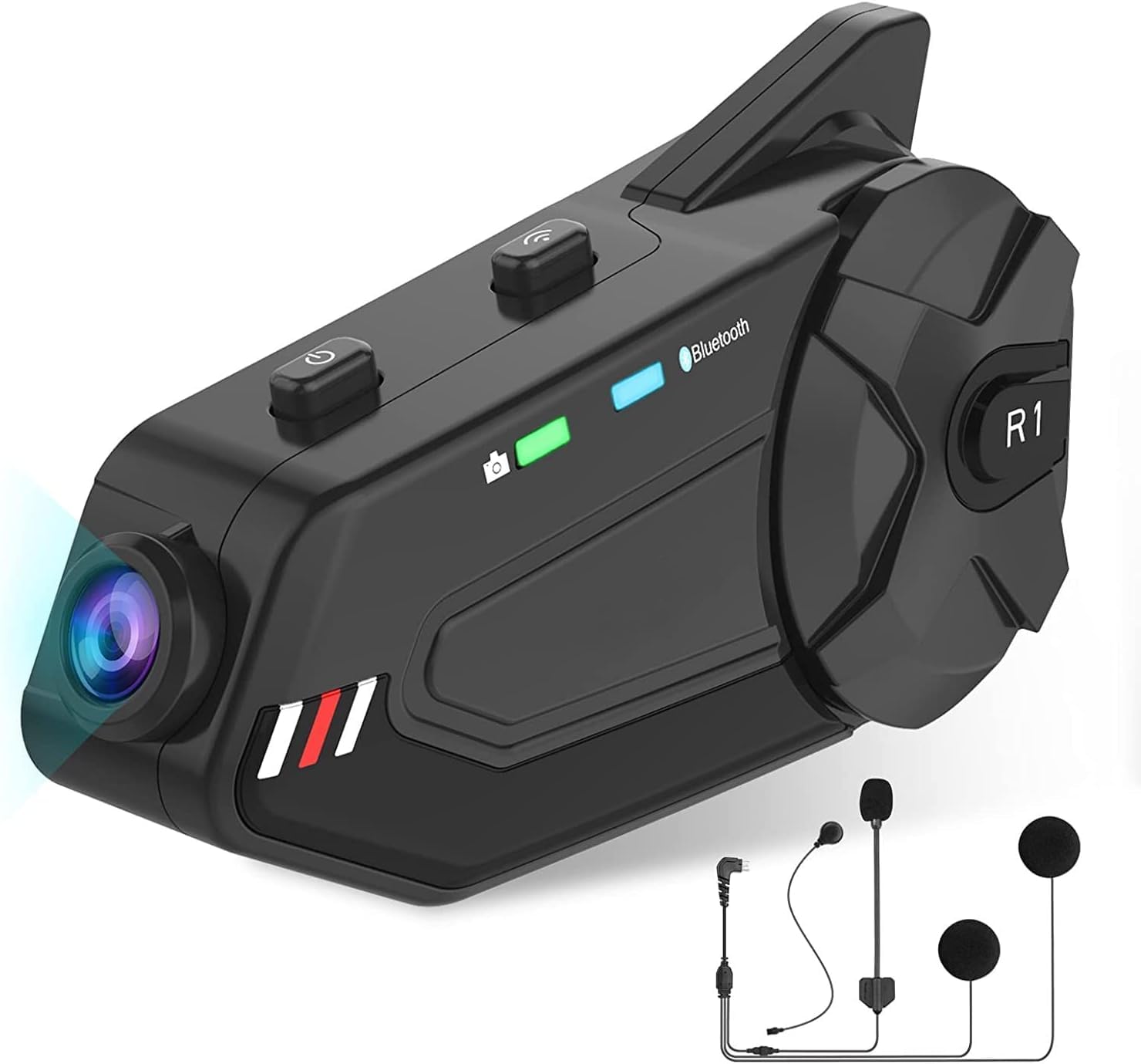 OBEST Interfono Bluetooth per Moto, Auricolare per Casco con Fotocamera 1080P, Supporta 6 Persone che Parlano allo Stesso Tempo Entro 1000m con Scheda TF FM/Bluetooth 5.0/64G/Microfono 2 in 1