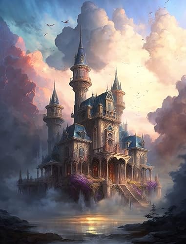 Kits de pintura de diamantes, magnífico castillo de ensueño, arte de diamantes redondos 5D por números, pintura al óleo vintage, para decoración