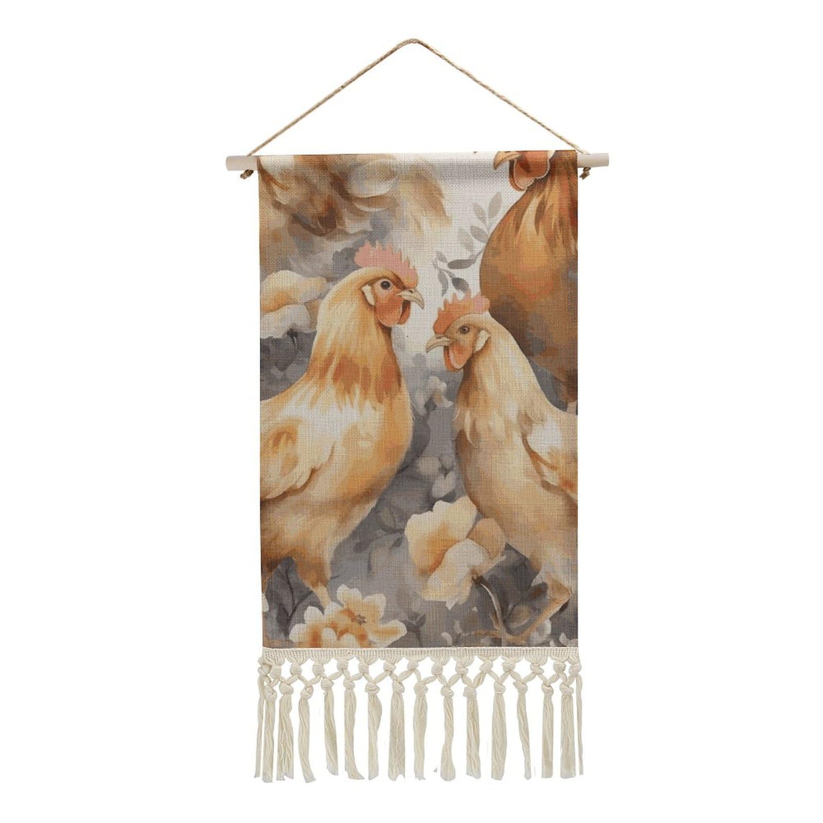 BTCOWZRV Cotton And Linen Hanging Poster with Tassels, Chicken Duck Wall Hanging Tapestry Vintage Wall Art Painting Modern Artwork Decoration for Home Decor Ready to Hang 10x19.6 in