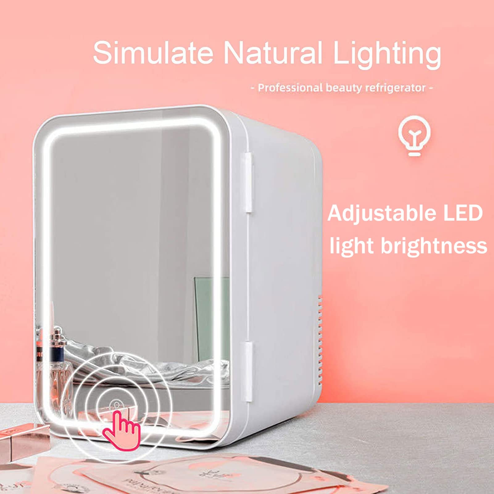 Mini Frigo per Skincare, 8L Piccolo Frigorifero Elettrico con Specchio per Trucco a LED, 3 Luminosità Regolabile, AC 220V/DC 12V, per Conservare la Cibo Medicinali Cosmetico