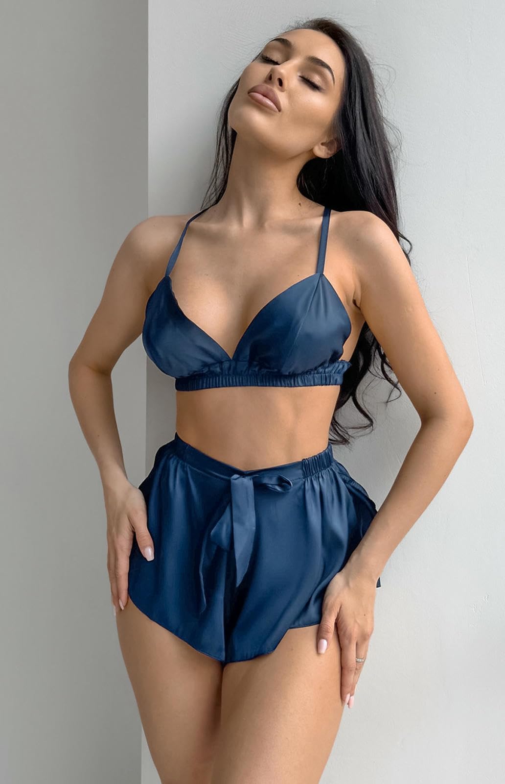Pigiama da Donna Shorts Notturna Set A Tre Pezzi Imitazioni in Seta Abiti Casa Primavera E Autunnale-Nero-m