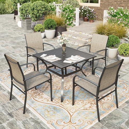 HERA'S HOUSE Patio Table and Chairs for 4, 5 Pieces Outdoor Deck Dining Sets, Square Metal Table Set with Chairs for Lawn Garden Backyard, Brown