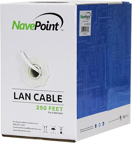 NavePoint Cat6 CCA 250ft blanco cable Ethernet sólido a granel 550MHz 23AWG 4 pares par trenzado sin blindaje UTP