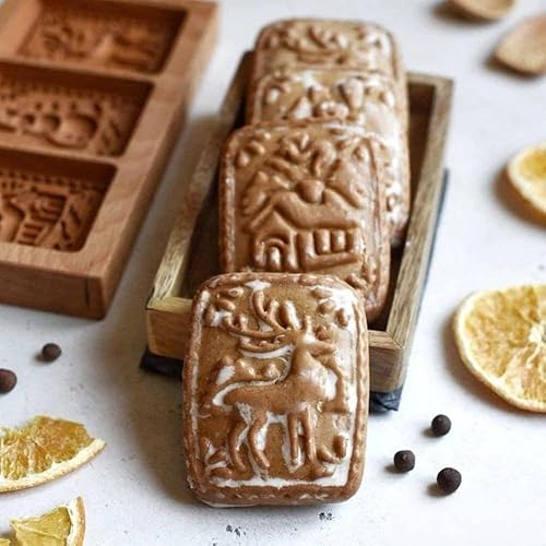 Miniatura 6 de MOTEERLLU Moldes de madera para hornear, cortador de sello de galletas de madera tallado galleta en relieve molde de pan de jengibre