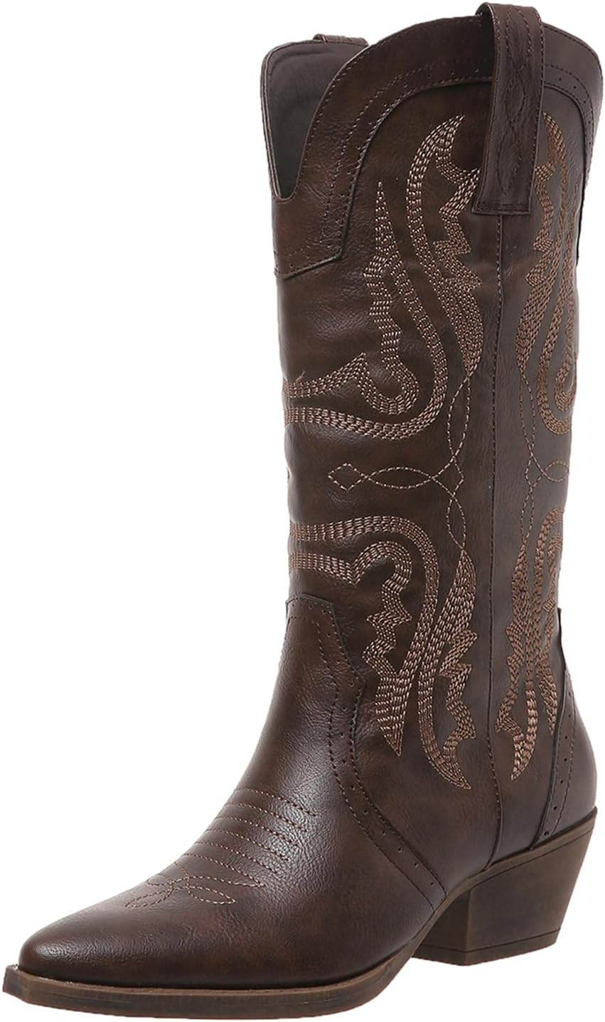 SelRoys Cowboy Boots for Women Cowgirl Mid Calf Western Boots Embroidered Stitched Pointed Toe Chunky Block Heel Brown Red Black US5-11
