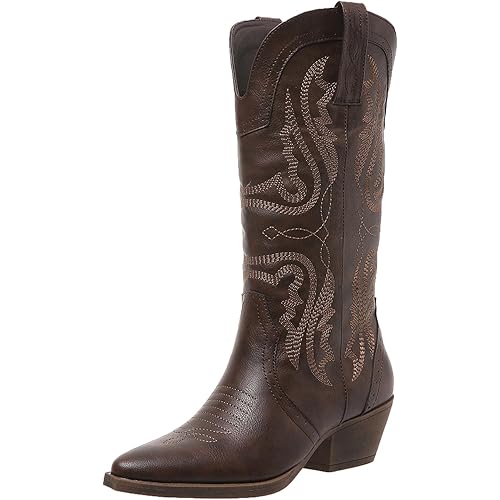 Cowboy Boots for Women Cowgirl Mid Calf Western Boots Embroidered Stitched Pointed Toe Chunky Block Heel Brown Red Black US5-11