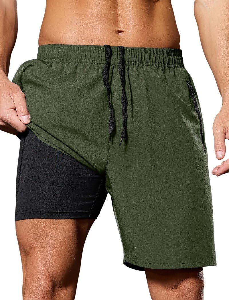 SILKWORLD Quick Dry Men's 2 in 1 Running Shorts with Zip Pocket 7" Workout Gym Athletic Shorts Lightweight Training Shorts