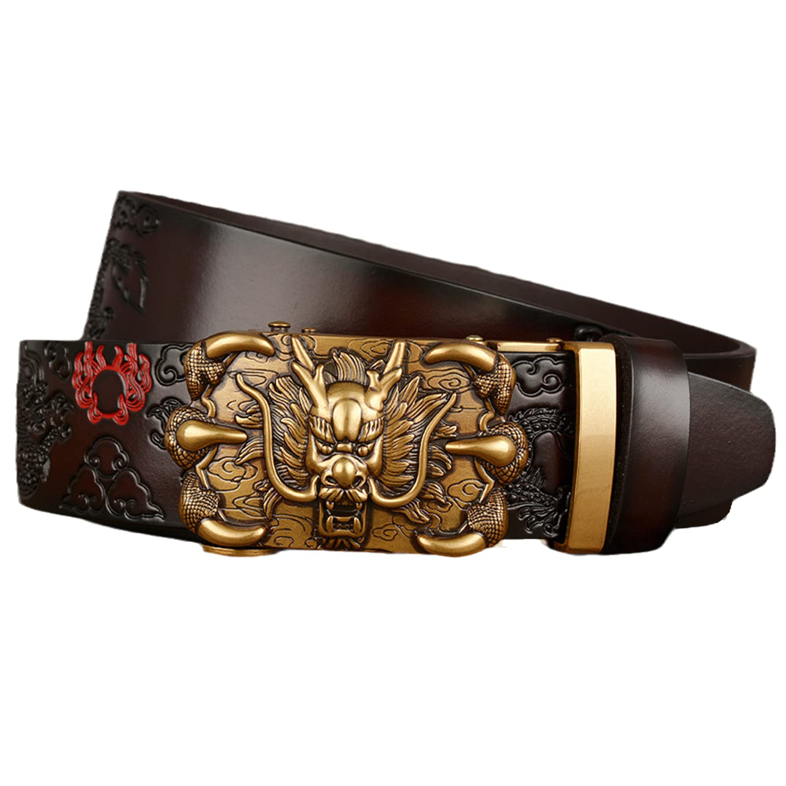 Cinturón De Cuero De Vaca De Color ámbar Quemado De Trinquete En Relieve con Dragón De Oro Deslizamiento Automático Hebilla Ajustable 35mm Cinturones(125cm/waist:43", Dragon~F)