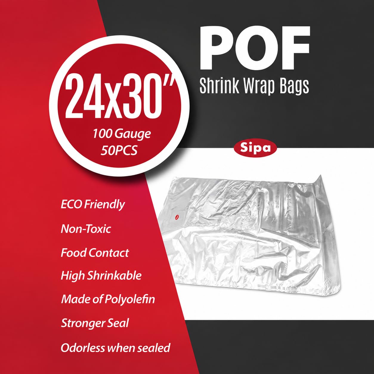 SIPA Sacchetti termoretraibili da 61 x 76,2 cm, 50 pezzi, calibro 100, con foro di ventilazione, inodore, perfetti per avvolgere cancelleria, cornici per foto, forniture di sapone, bombe da bagno