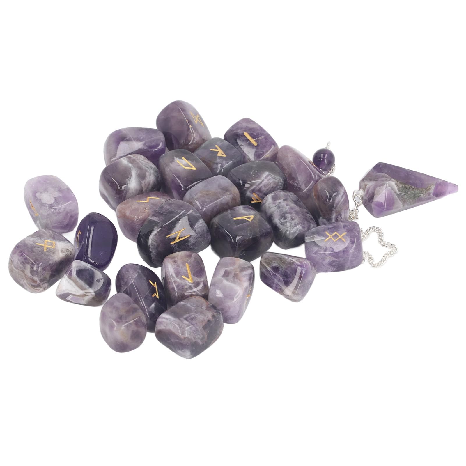 Juego de 25 Piedras Runas, Péndulo y Bolsa de Cristal, Curación, Chakras Equilibrados, Mente Pacífica, Adivinación, Meditación para Problemas Emocionales, Colección de Rocas,
