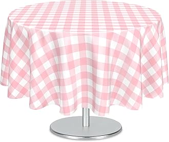 Mulbozy 2 Pcs Pink Gingham Round Tablecloth, 84 inches Disposable Plastic Pink and White Checkered Circle Table Covers for Baby Shower Wedding Bridal Shower Birthday Party Decorations