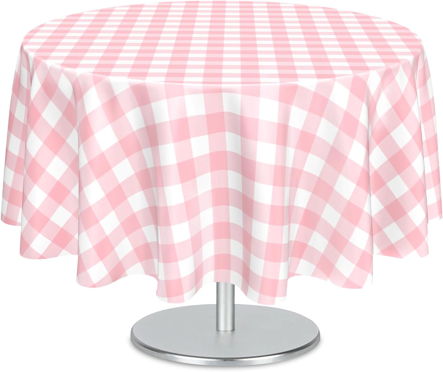 Mulbozy 2 Pcs Pink Gingham Round Tablecloth, 84 inches Disposable Plastic Pink and White Checkered Circle Table Covers for Baby Shower Wedding Bridal Shower Birthday Party Decorations