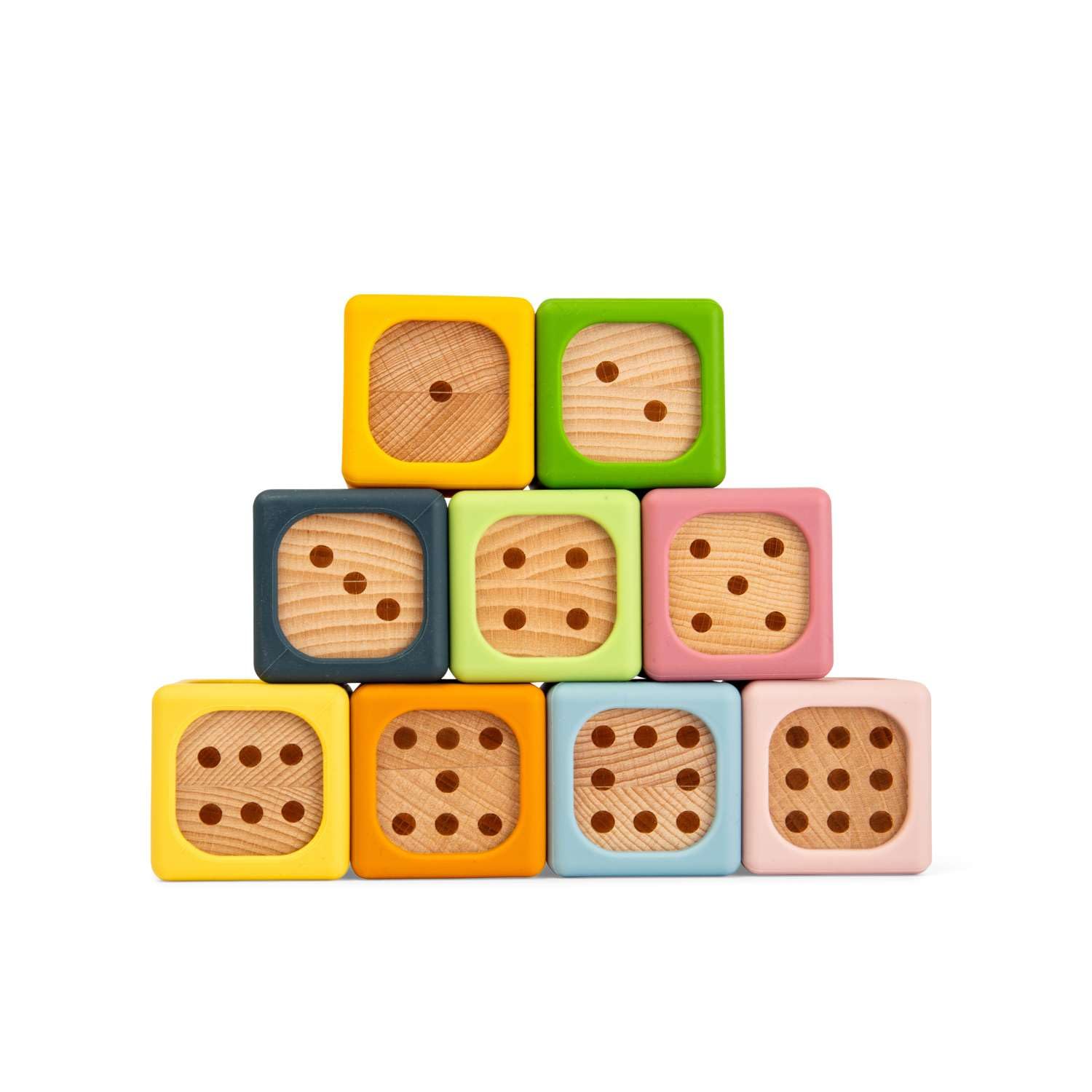 Bigjigs Toys Miękkie klocki do sortowania, zestaw silikonowych i drewnianych klocków dla niemowląt, kostki Montessori do układania w stos, miękkie zestawy kostek z numerami, zestaw zabawek dla dzieci