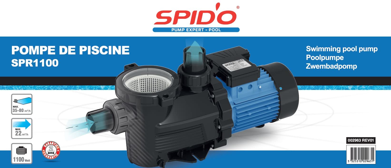 Spid'O SPR 1100 2963 - Bomba de filtración para piscina (22 M3/h, 1,5 CV, filtro grande, color negro