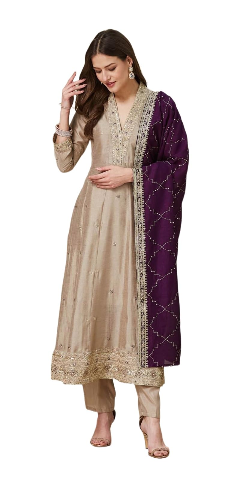 Damen Kurta mit Hose und Dupatta bestickt Ethno Wear Indian Salwar Kameez Anzug
