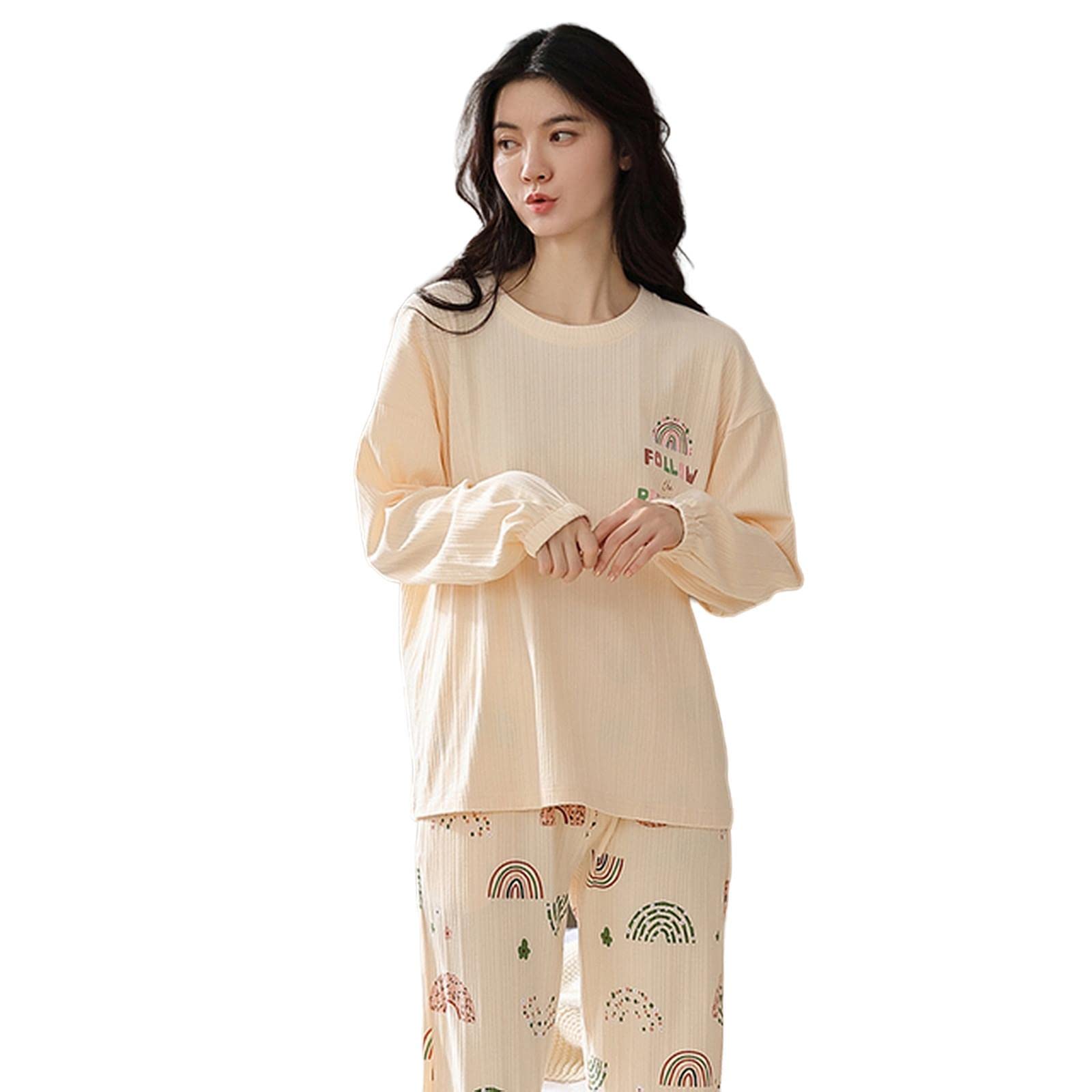 MOGSA Pijama para mujer, primavera, otoño, de algodón, elegante, floral, conjunto de ropa de dormir, pantalones a cuadros, para mujer, hogar, W7, 4Xlasian (90-100 kg)