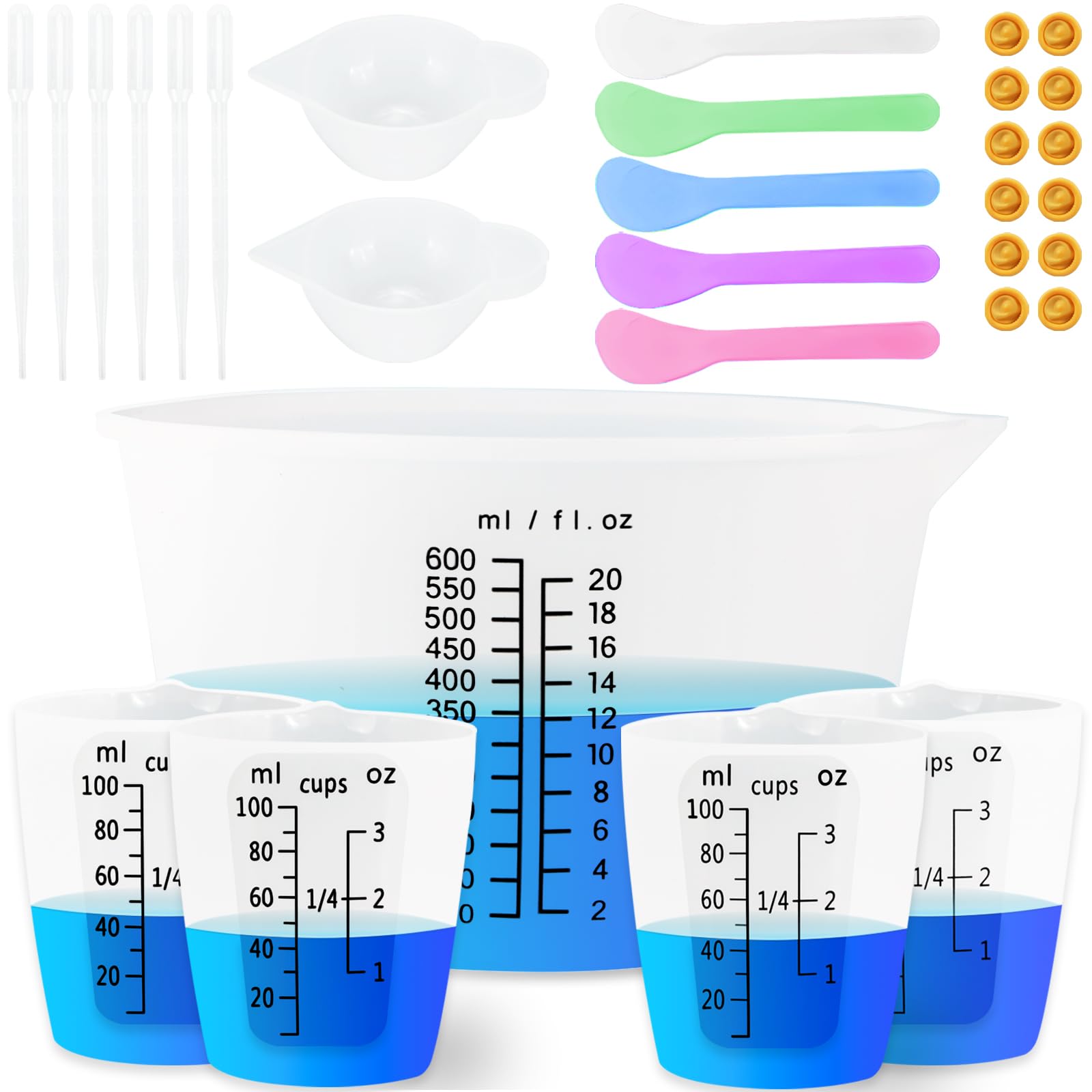 Creahaus Silicone Measuring Cups Tool Kit, Easy to Read 600ML Silicone Mixing Bowl with 250&100ML Silicone Resin Mixing Cup, Easy Clean Reusable Epoxy Resin Supplies with Stir Sticks, Pipettes