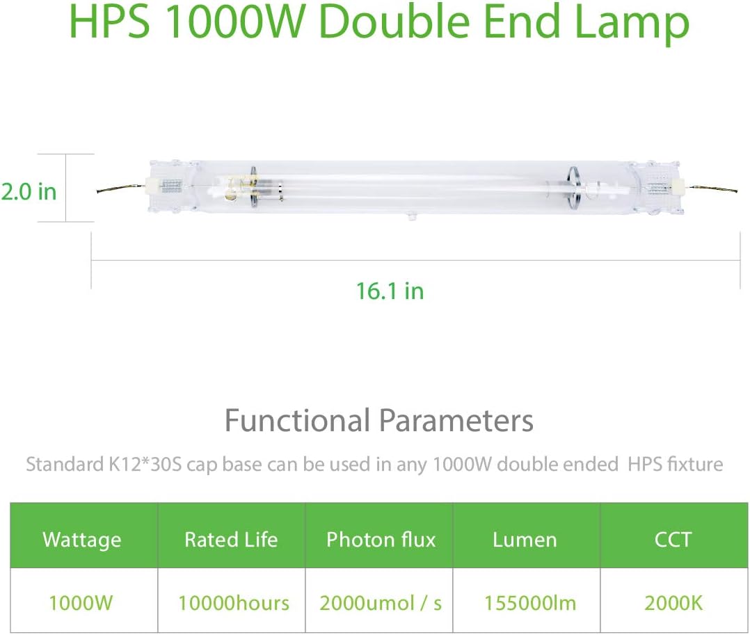 1000W Double Ended HPS Grow Light Bulb,High PAR Enhanced Red and Orange Spectrums CCT 2000K, Ultra Bright 155000 Lumens,1000W High Pressure Sodium Grow Lamp,1000 Watt DE HID Grow Bulb
