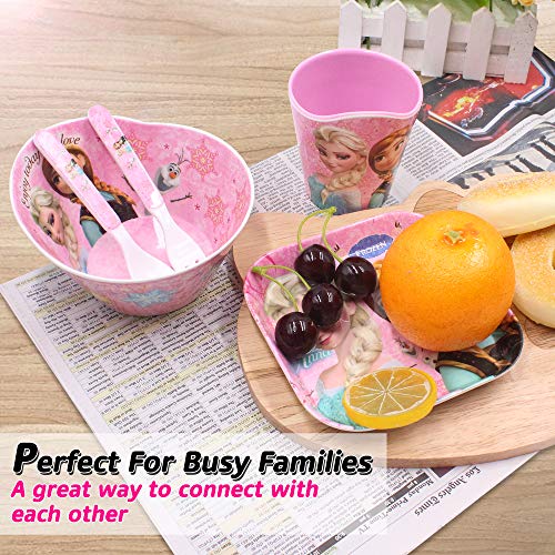 Finex Frozen Queen Elsa Princes Anna 5 Pcs Set Children Cartoon Durable Tableware Meal Dishes Mealtime Food Feeding Eating Set includes Dinner Serving Bowl Plate Cup with a Matching Spoon & Fork Kids