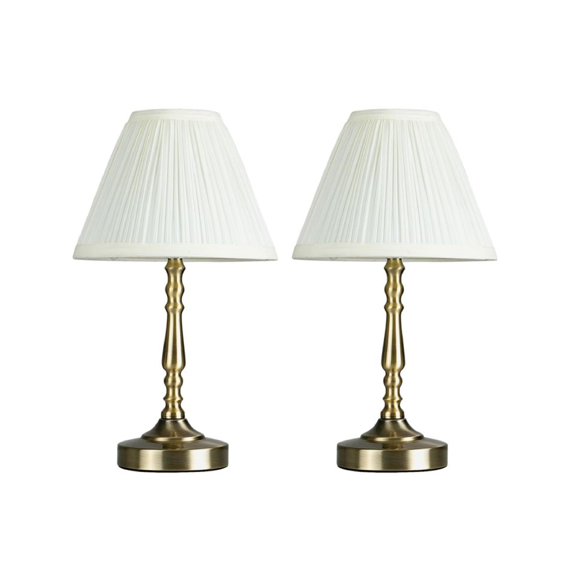 MiniSun | Pair of Vintage Antique Brass Touch Table Lamps with a Pleated Cream Shade | Table Lamps & Home Improvements Essential