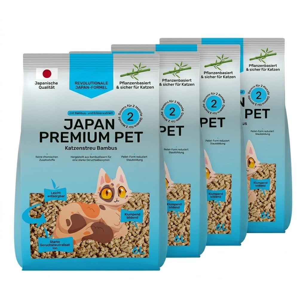 Antibacterial Katzenstreu Pellets mit Gesundheitsindikator | Aus Kokosnussmilch & Bambus-Extrakt mit Japanischer Tee | 100% Pflanzliche Katzenstreu Staubfrei | maximaler Saugkraft | (4x6L)