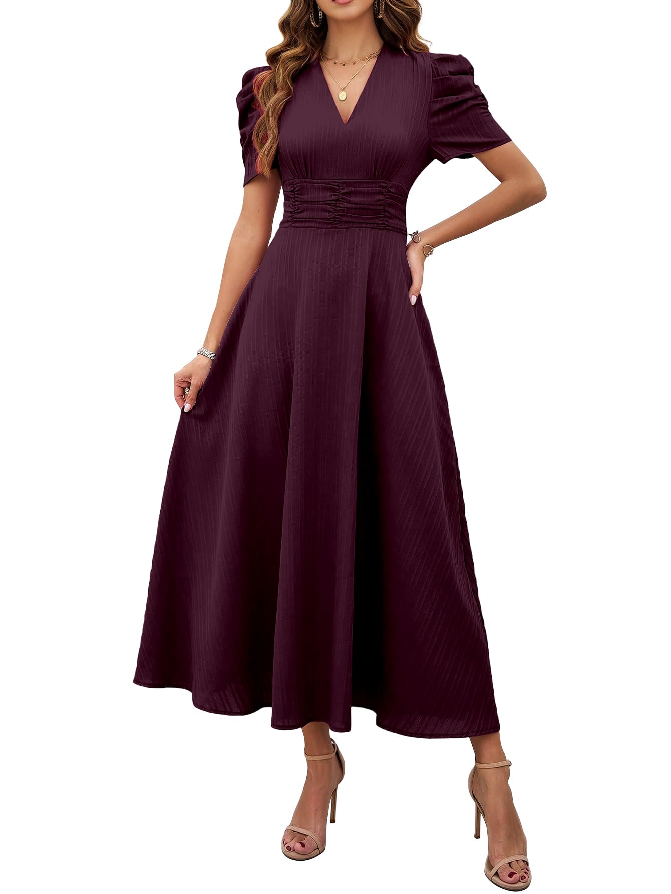 Shasmi Girl's & Women's Solid Color V-Neck A-Line Maxi Dress for Women | New Year Party Outfit | Waist Cinched Puff Sleeve Western | Elegant Casual Wear (Dress 246)