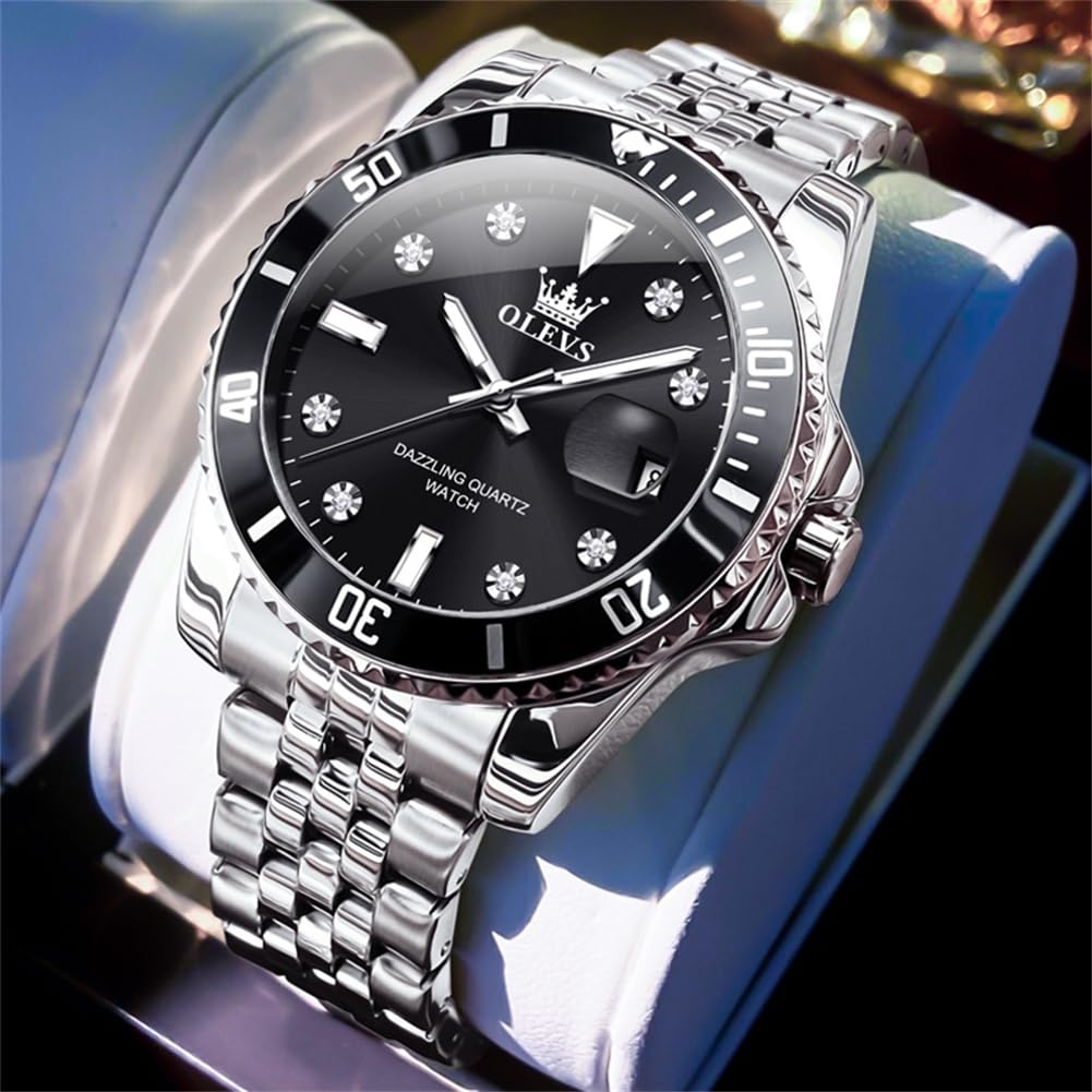 OLEVS Edelstahl Armbanduhr Herren Wasserdicht, Modern Groß Uhr Herren mit Datum, Quarz Analog Leuchtziffern Herrenuhren mit Metallarmband Geschenke für Männer Geschenke