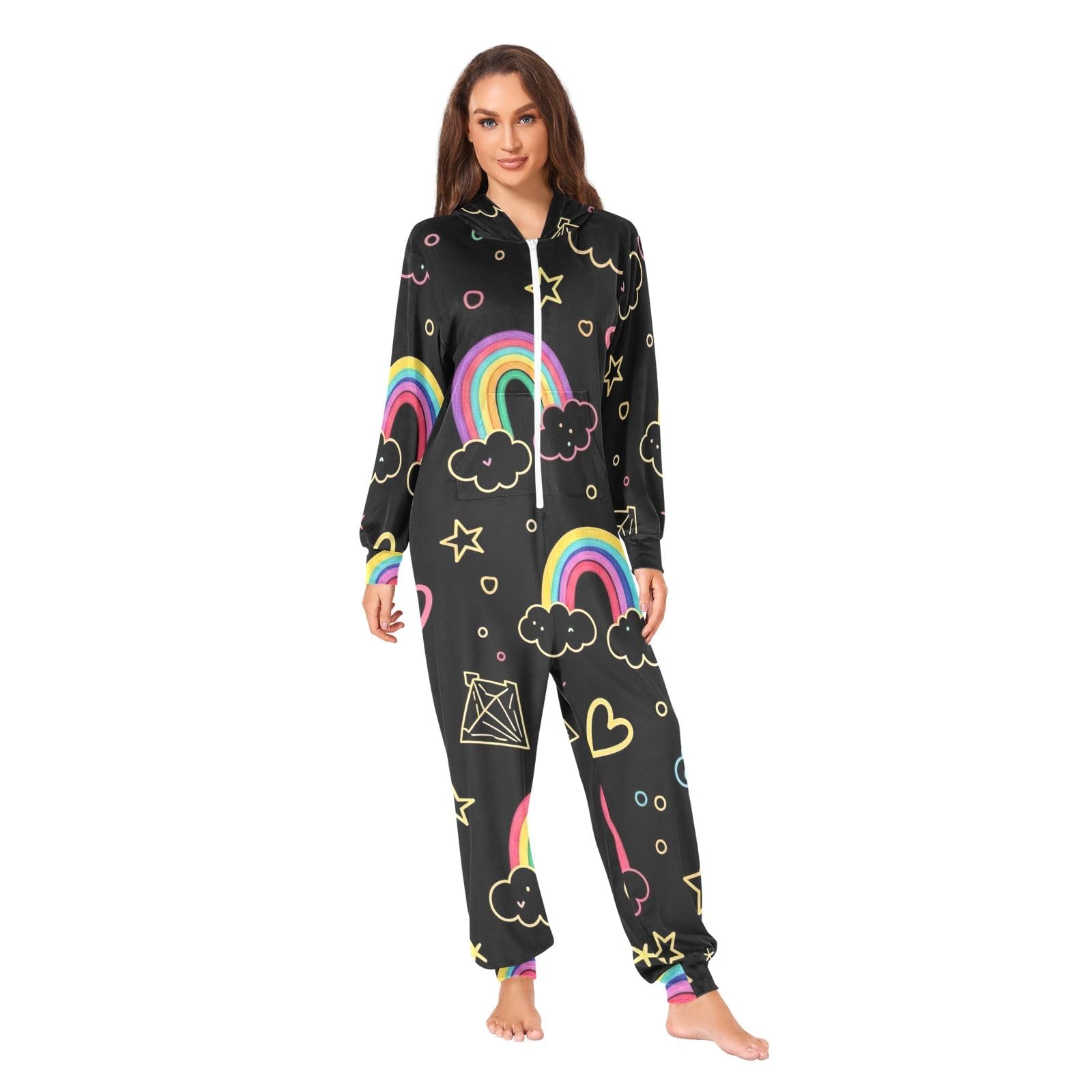 Carino Stars Rainbows Nero Adulto Onesie Pigiama, Morbido Pile Natale Tuta, Accogliente Un Pezzo Loungewear