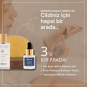 Dionesse Wrinkle Remover Set - 24k Gold Skin Care Gel, 5 Floral Tonic and Regenerative Reishi Soap - Skin Rejuvenation, Anti-Blemish, Anti-Aging Care