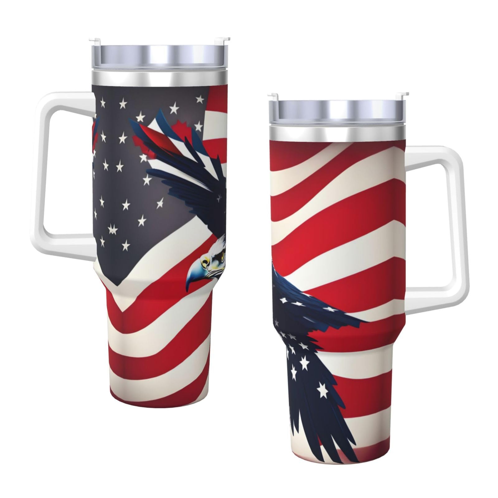 Trinkflasche mit amerikanischer Flagge, Edelstahl, doppelwandig, isoliert, mit Griff und Strohhalm-Deckel, 1,2 l