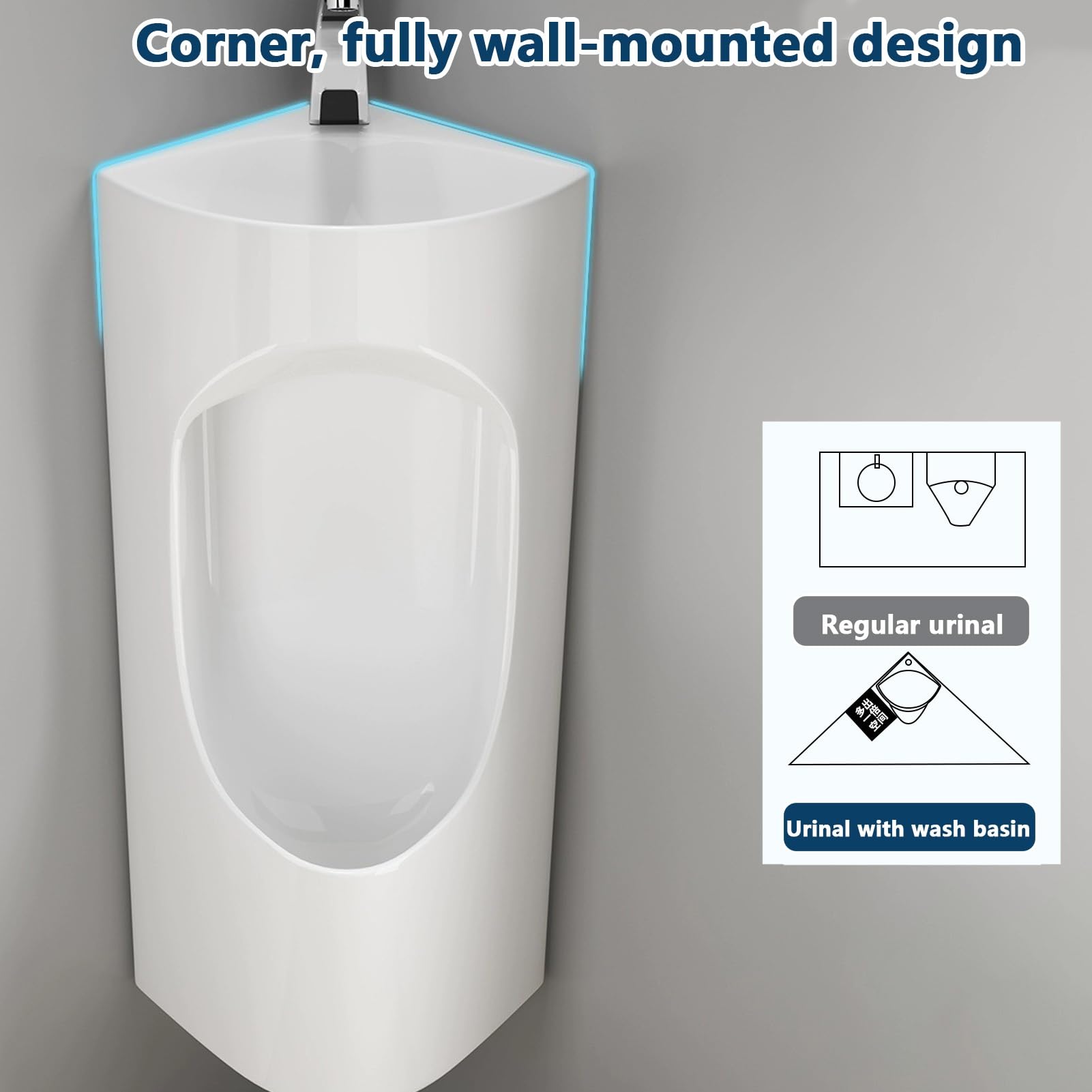 Urinoirs d'angle en céramique pour hommes, urinoir mural avec lavabo et robinet, toilettes de chasse d'eau commerciales pour les écoles et les lieux publics (Nero)