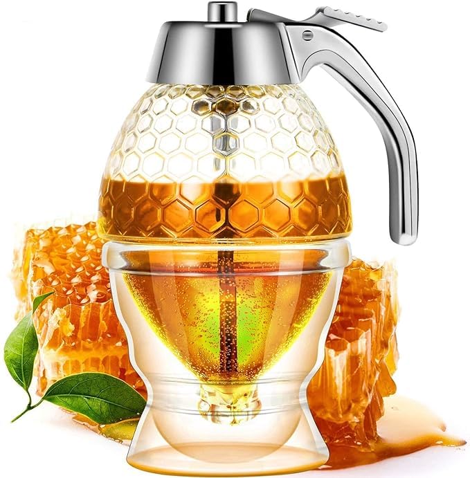 Luxansa Honey Dispenser No Drip Glass, Honey Container Glass Syrup Dispenser Beautiful Shaped Honey Pot Olive Oil Dispenser Bottle Glass Honey Jar with Stand Great Decor Honey Containers