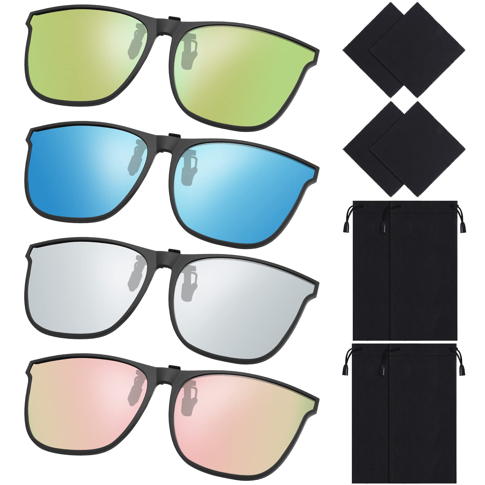 Aodaer 4 Pairs Clip-on Sunglasses Polarized Unisex Anti-glare Driving Glasses with Flip-up for Women Men
