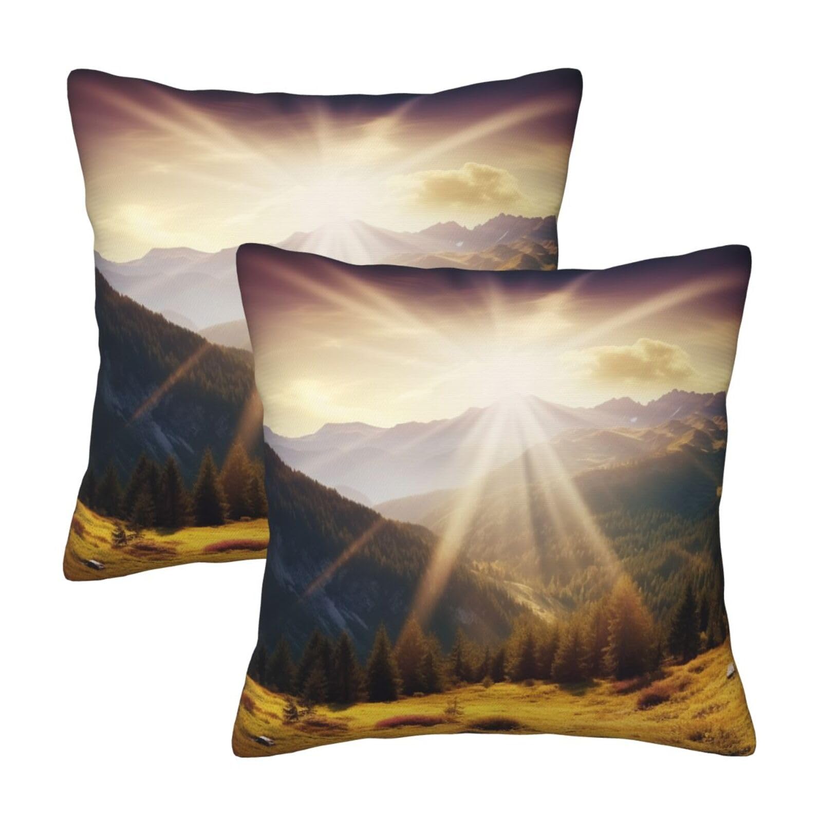 Sunshine in Mountains Throw Pillow Cases 2 Pack Square Pillowcases Soft Pillow Protectors for Couch Livingroom Sofa Bed Office Car,30x30 CM