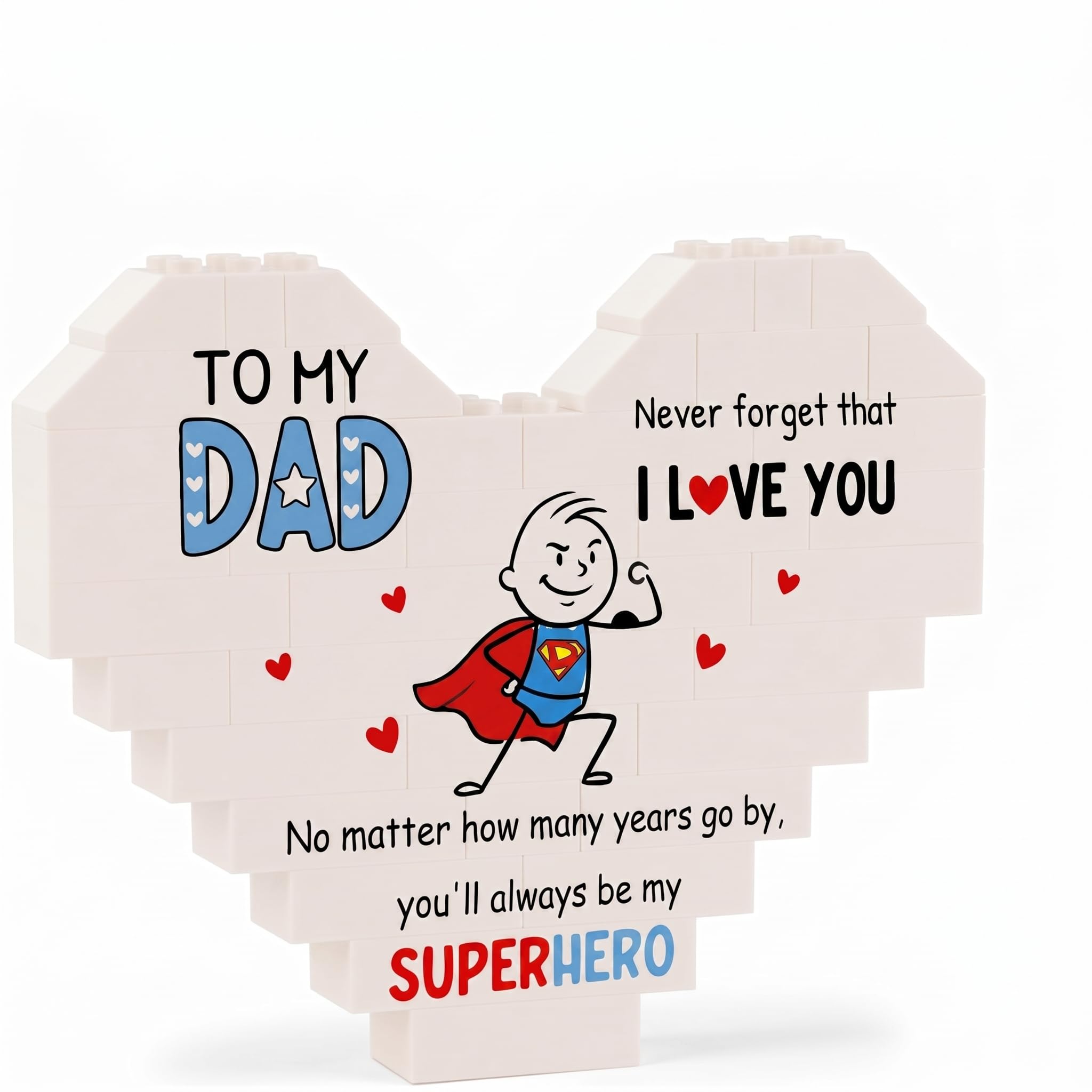 Runovate Building Block Plaque for Dad, Heart Shaped Dad Gift with Superhero Design, Gift for Fathers Day from Daughter Son, Dad Birthday Gifts, Decorative Brick Keepsake for Father