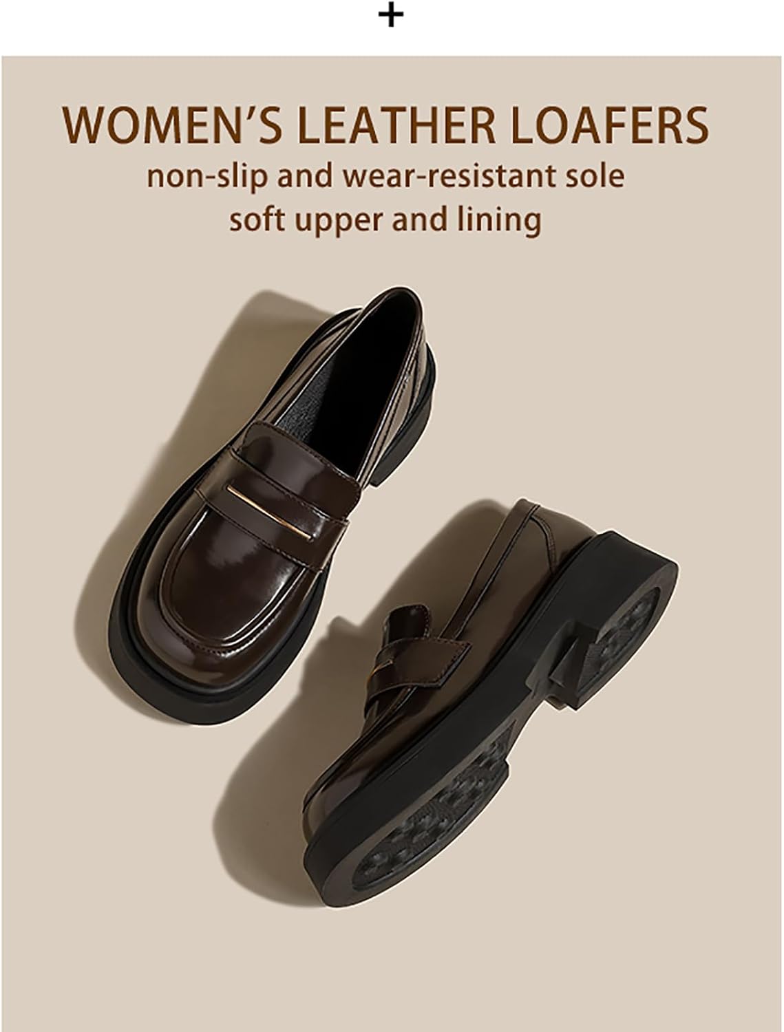 Women's Leather Platform Loafers - Chunky Heel Slip-On Shoes for Business & Casual, Round Toe Comfortable Work Dress Shoes with Cushioned Sole - Image 6